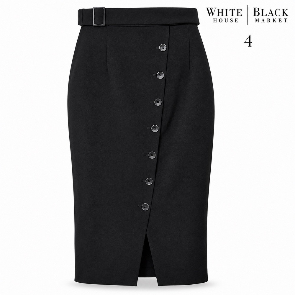 White House Black Market Womens 4 Black High Waist Button Pencil Midi Skirt Belt - Picture 2 of 11